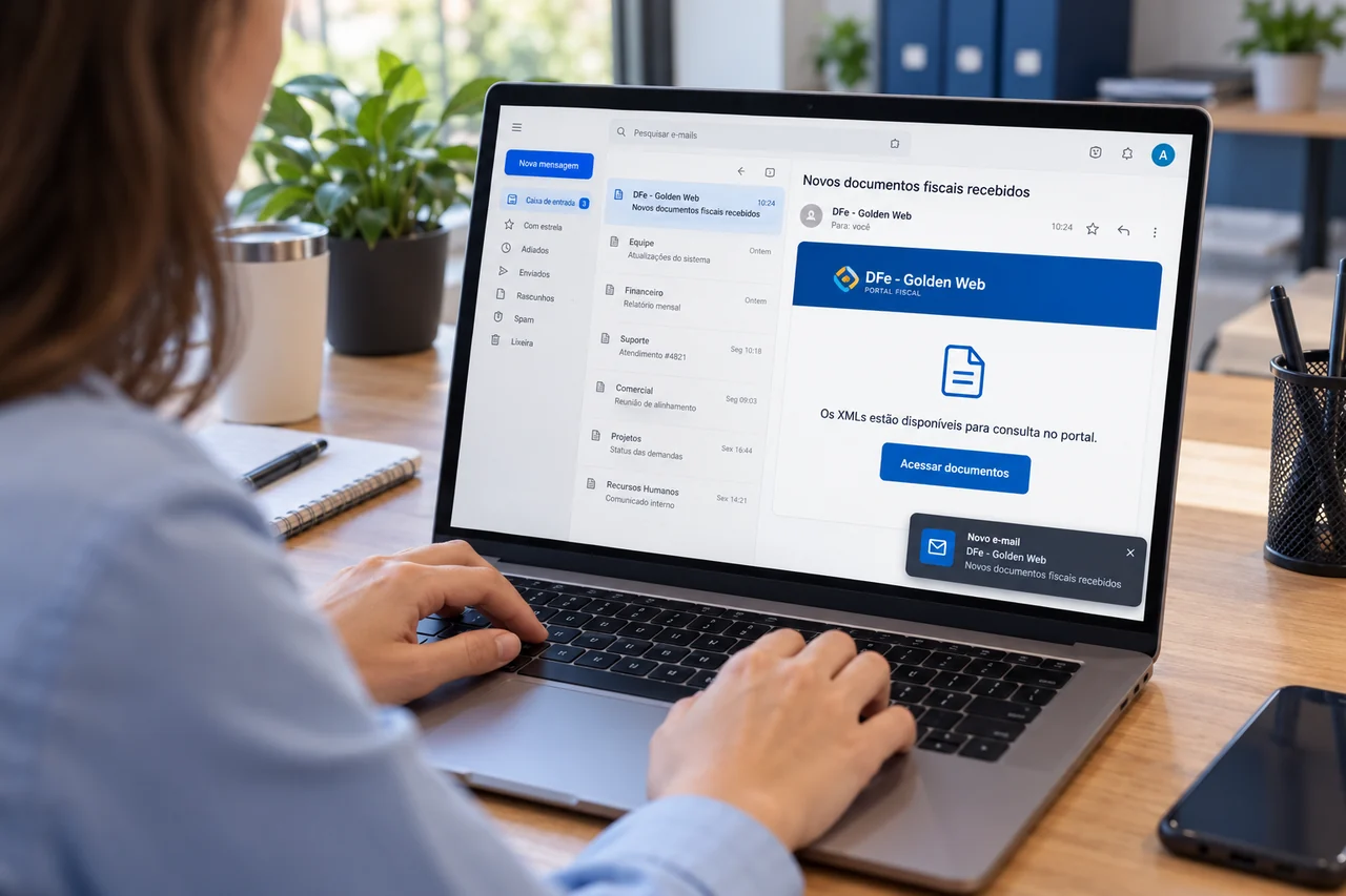 Ilustração de um e-mail do DFe - Golden Web sobre documentos fiscais recebido em um notebook