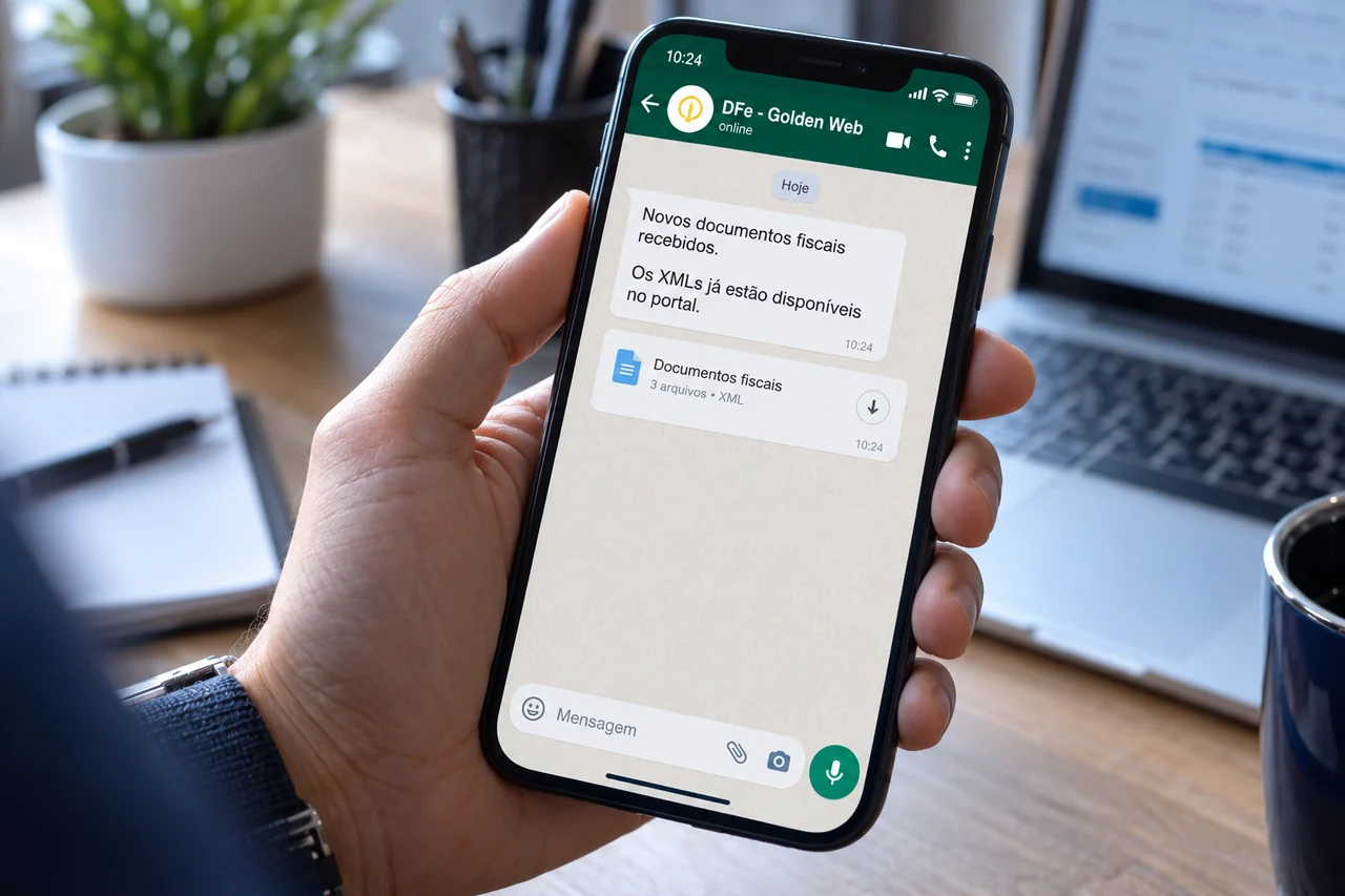 Ilustração de uma mensagem do DFe - Golden Web recebida no WhatsApp em um celular