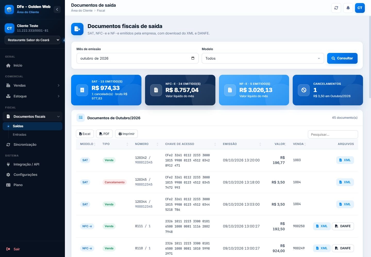 Documentos fiscais reais do cliente com filtros e acesso a XML e DANFE